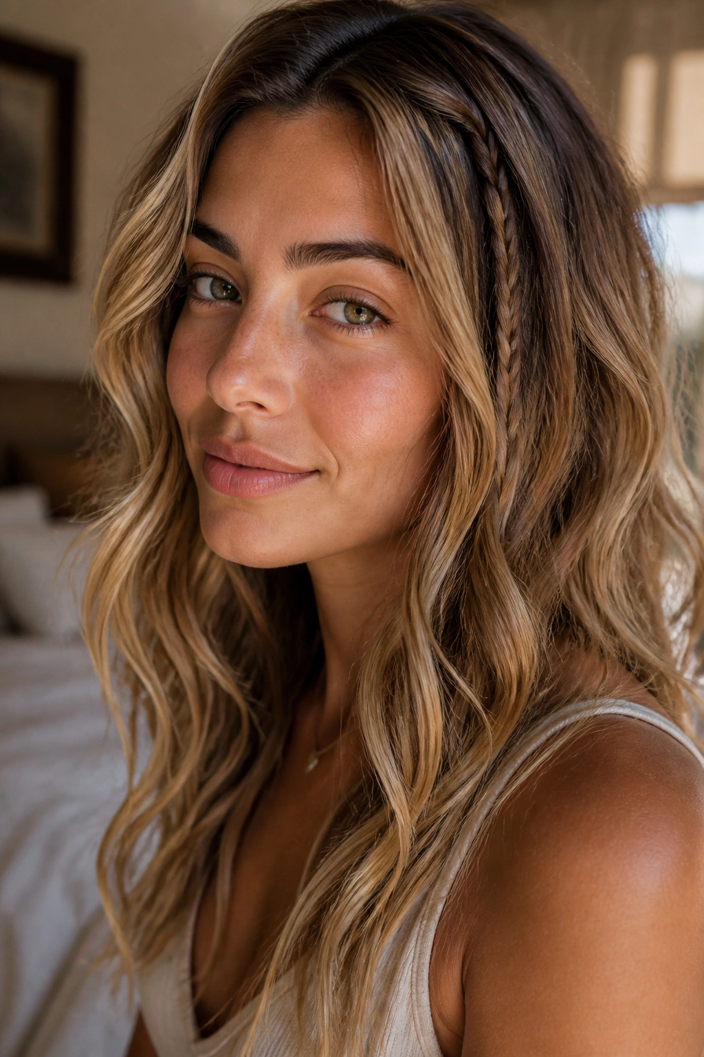 Close-up of a real woman with boho loose waves and a tiny braid accent at the temple