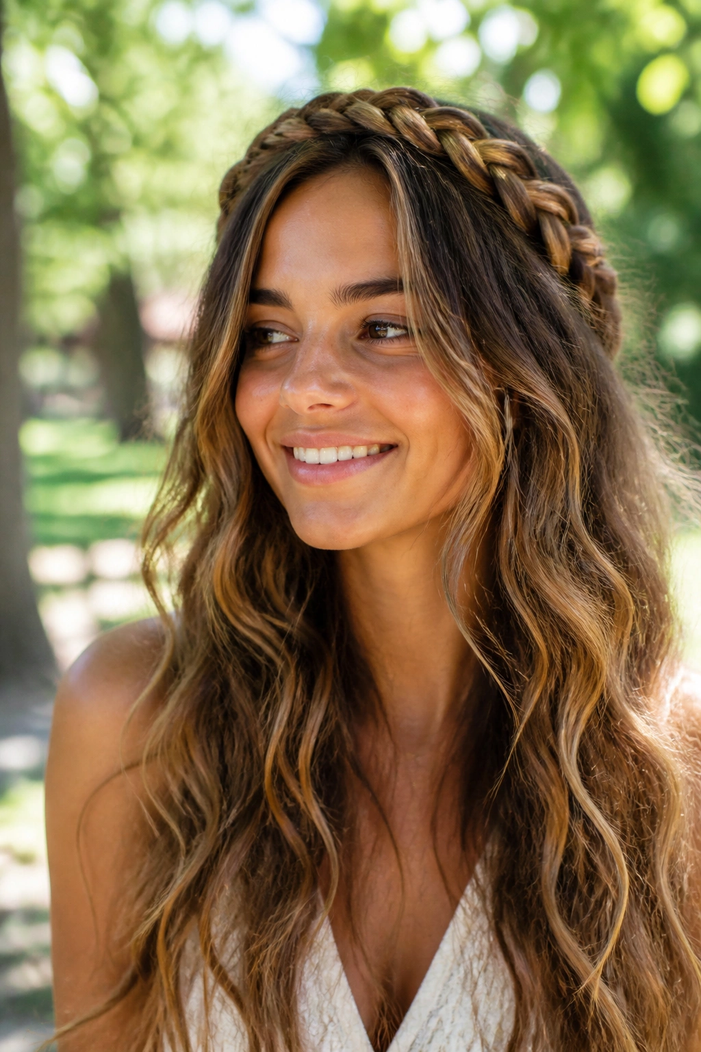 Real woman with boho waves and braided halo