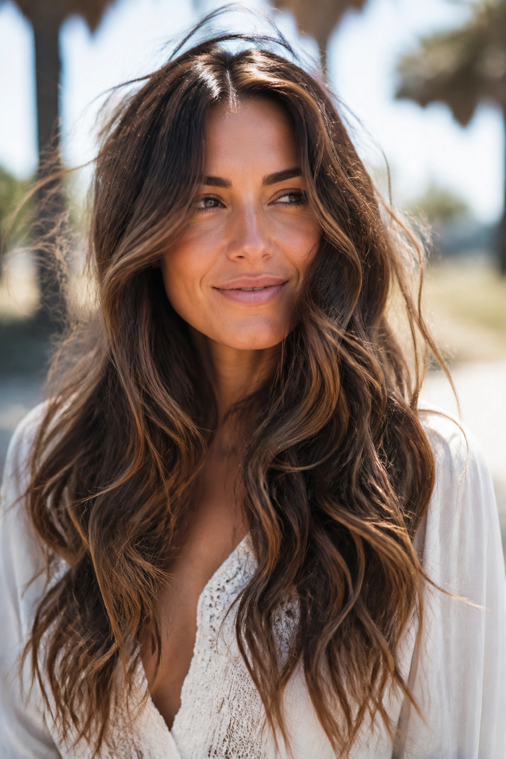 Close-up of a real woman with Boho Waves with Long Layers in a sunlit outdoor setting