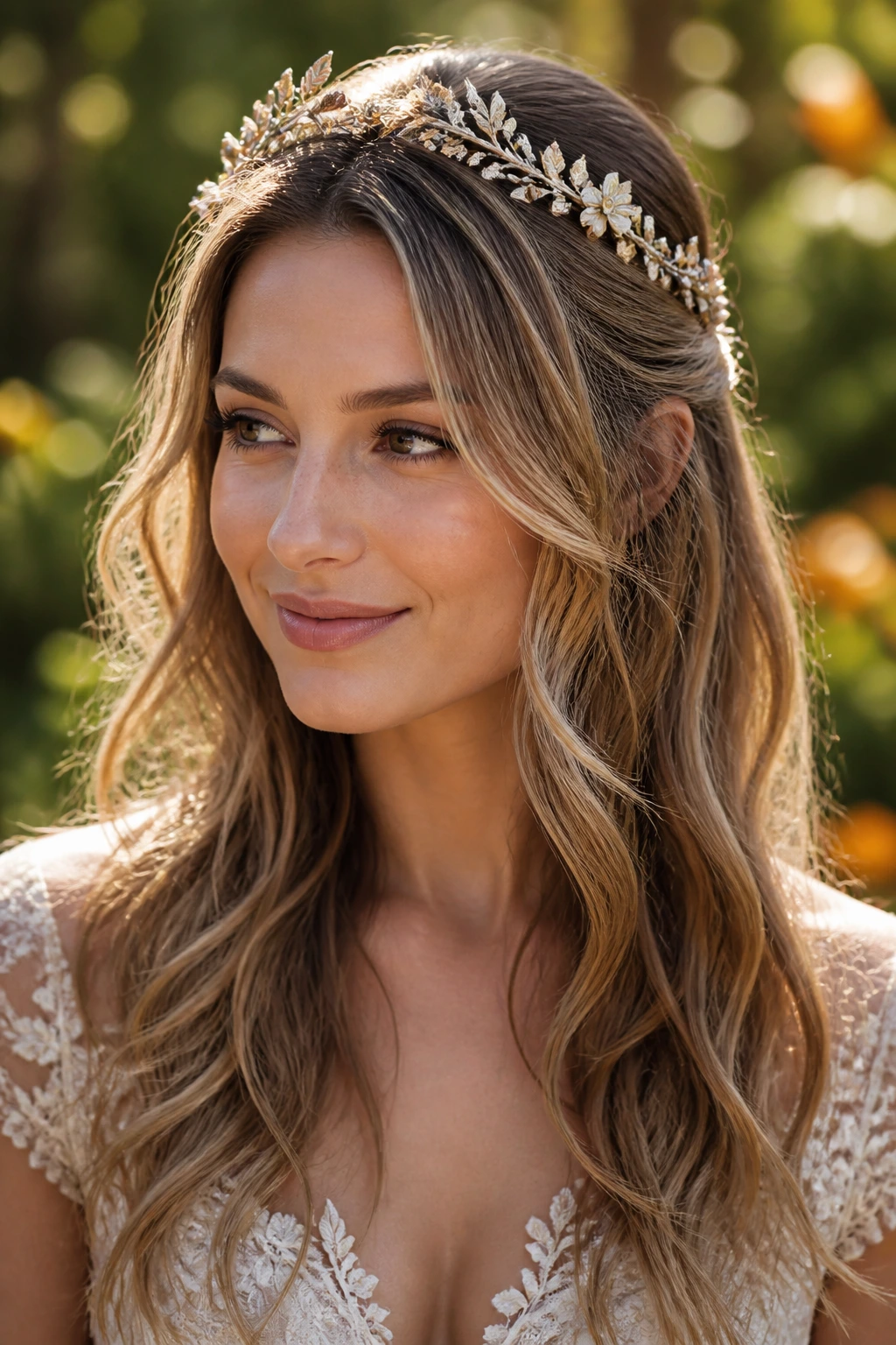 Close-up of a real bride with loose boho waves and a floral leaf tiara in warm garden light