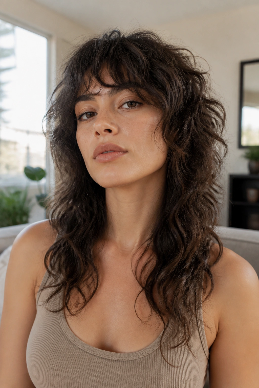 Close-up portrait of a real woman with a boho wavy mullet and S-Curl texture