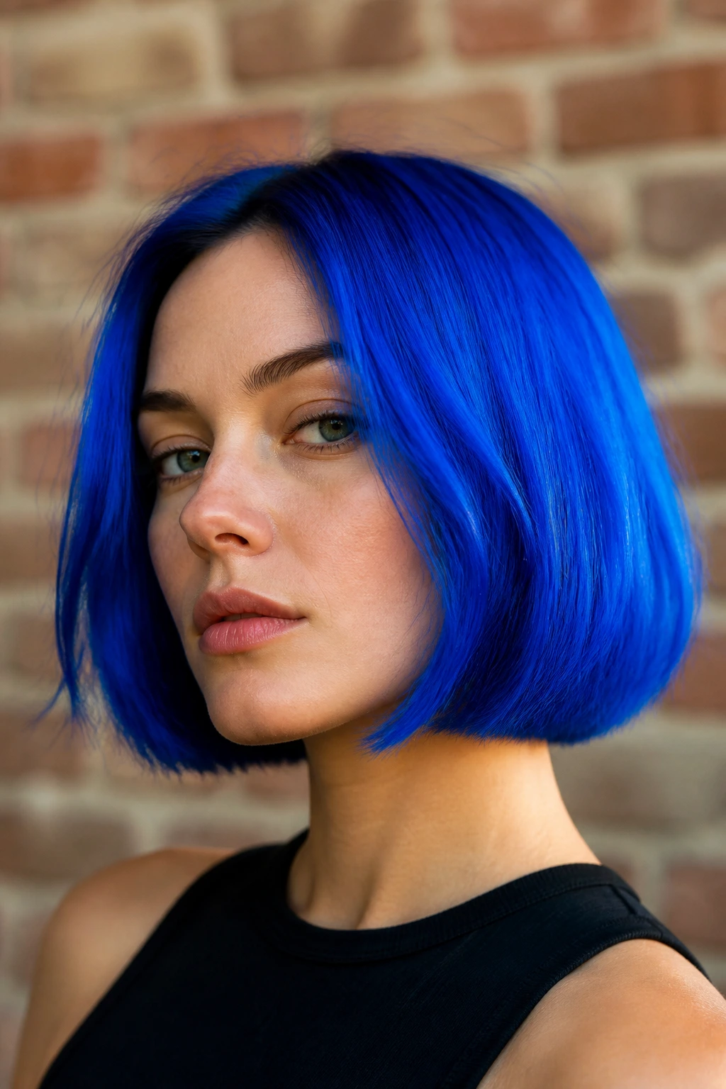 Close-up of a real person with bold color chin-length bob