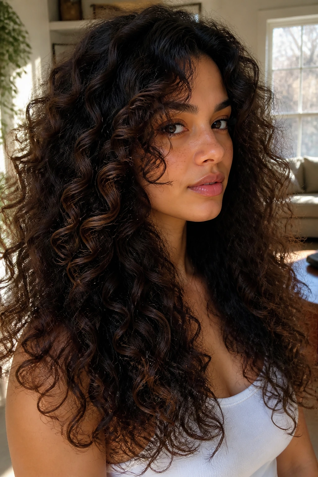 Close-up of a real woman with curly hair and bold face framing around the face