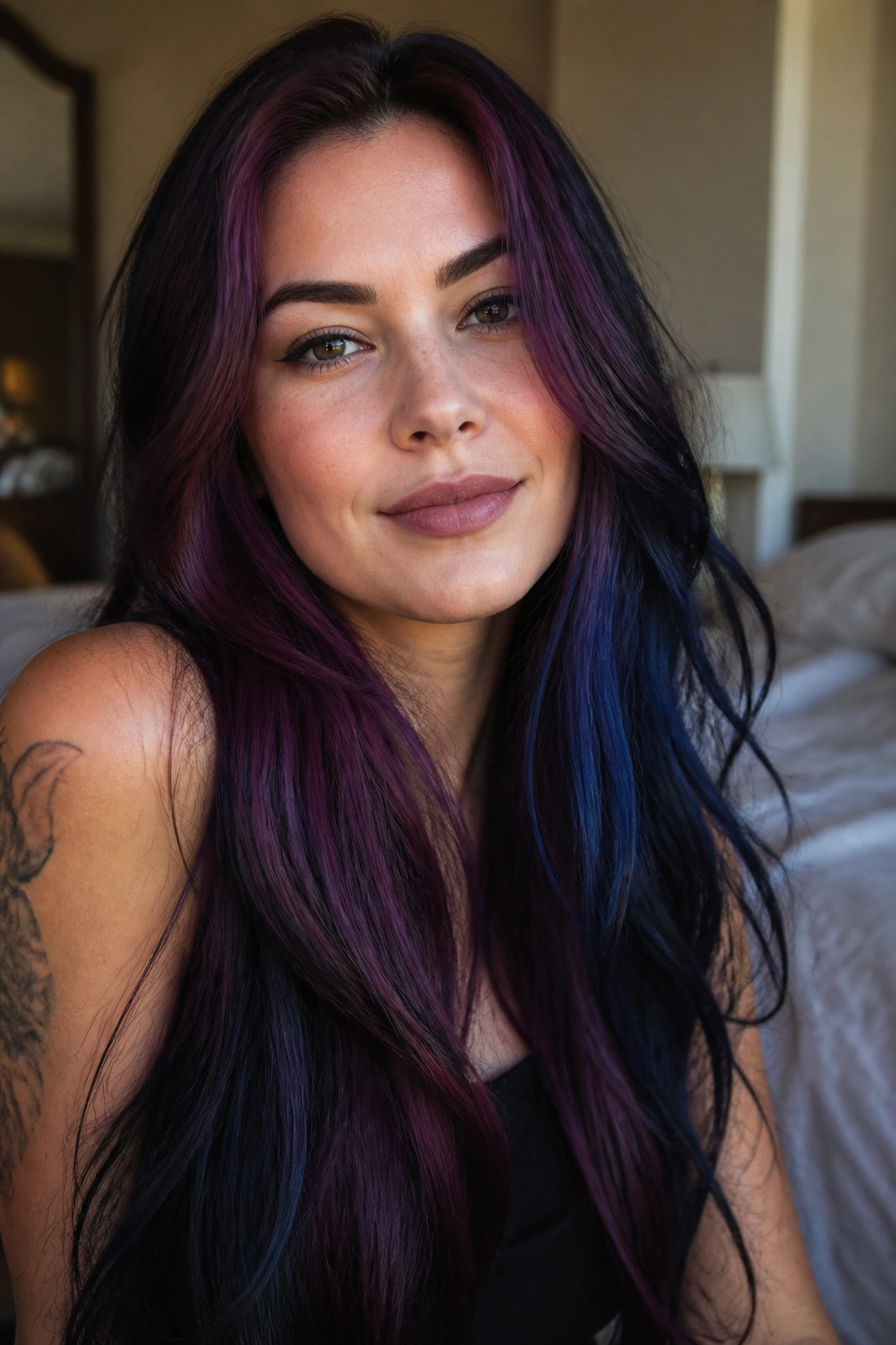 Close-up portrait of a real woman with long bold plum and blue-black hair in a warm bedroom setting
