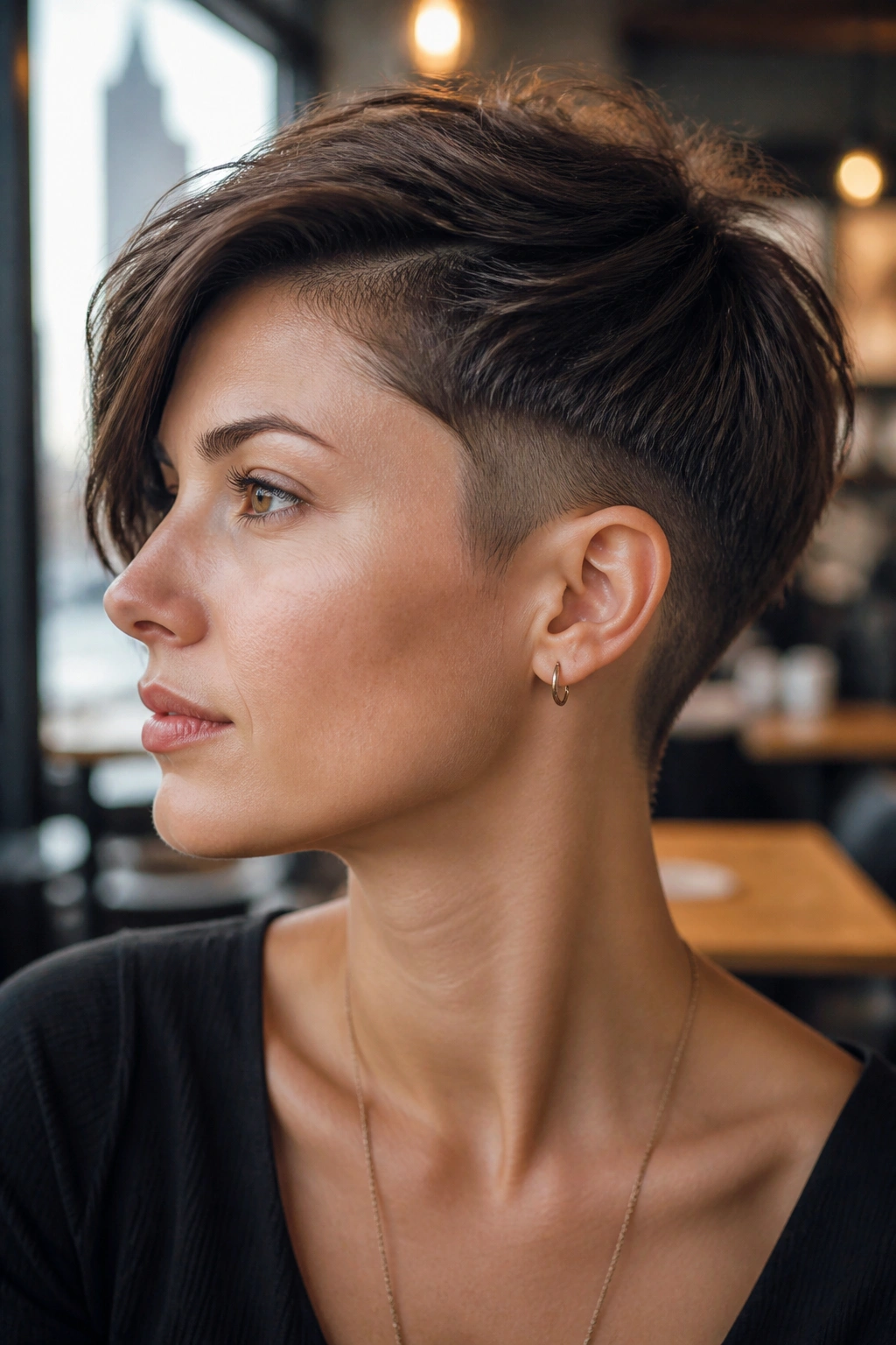 Close-up portrait of a real woman with shaved-nape bold pixie bob