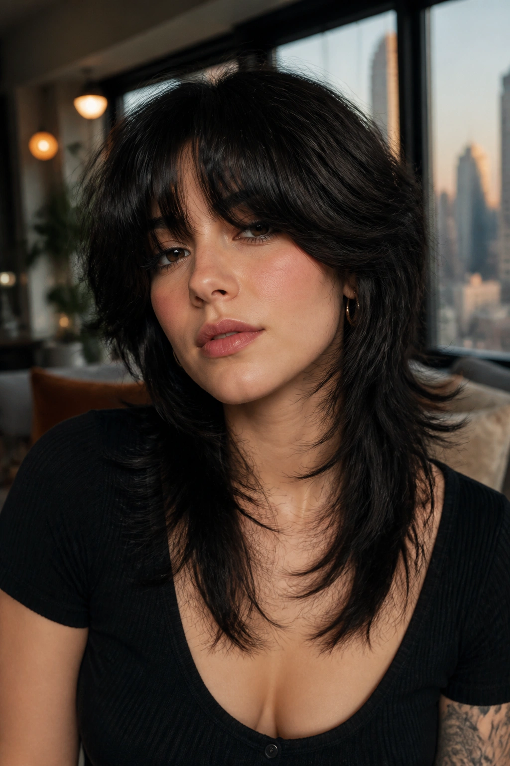 Close-up portrait of a real person with a bold high-contrast wolf cut and heavy curtain bangs in deep brunette