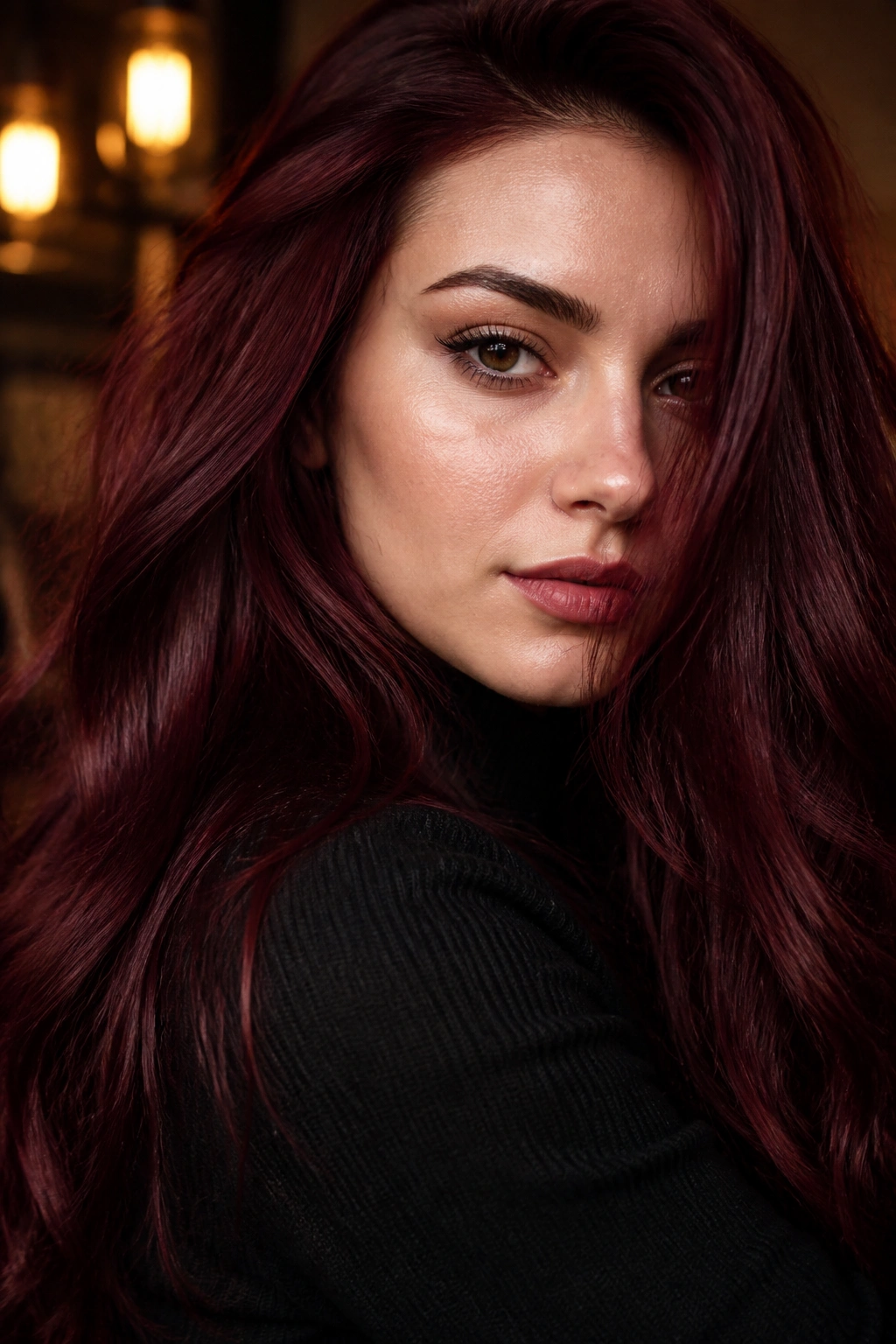 Close-up portrait of a real person with Bordeaux red hair in warm indoor light