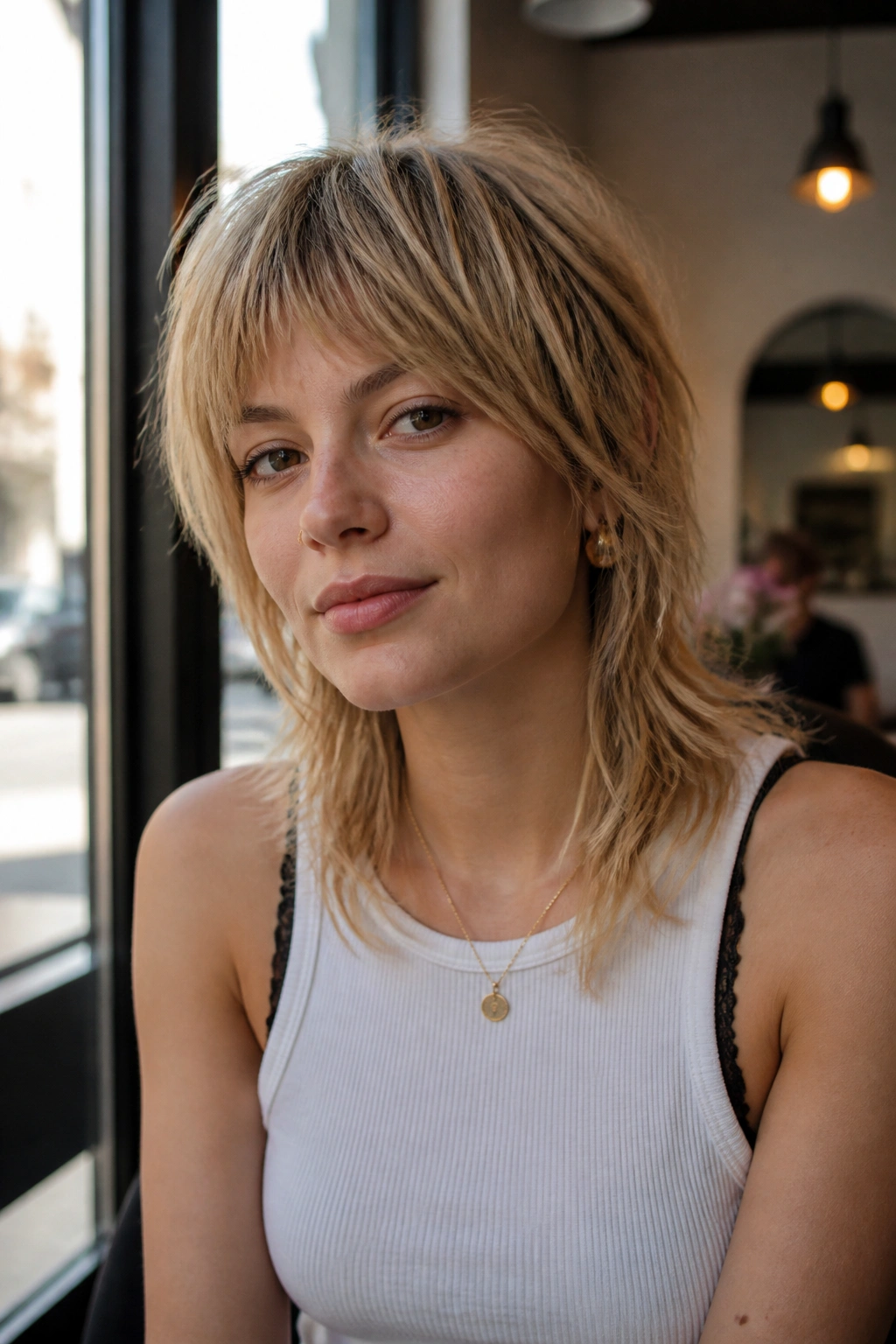 Portrait of a real woman with bottleneck bang mullet in a cafe-like setting.