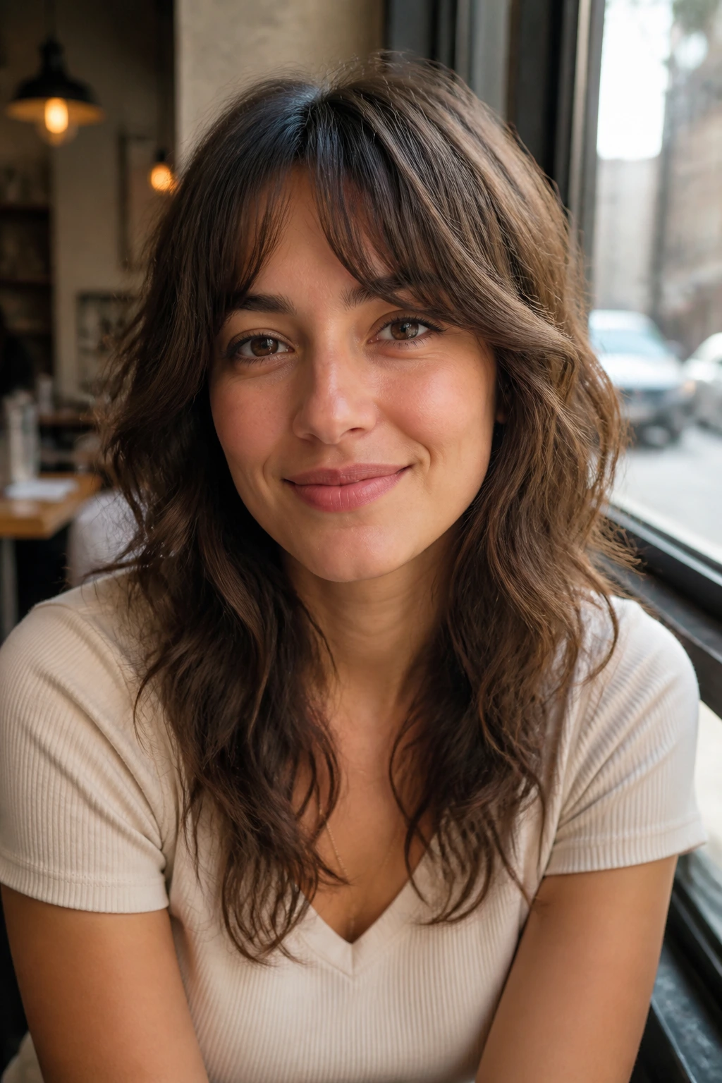 Real woman with bottleneck bang shag in cafe window light