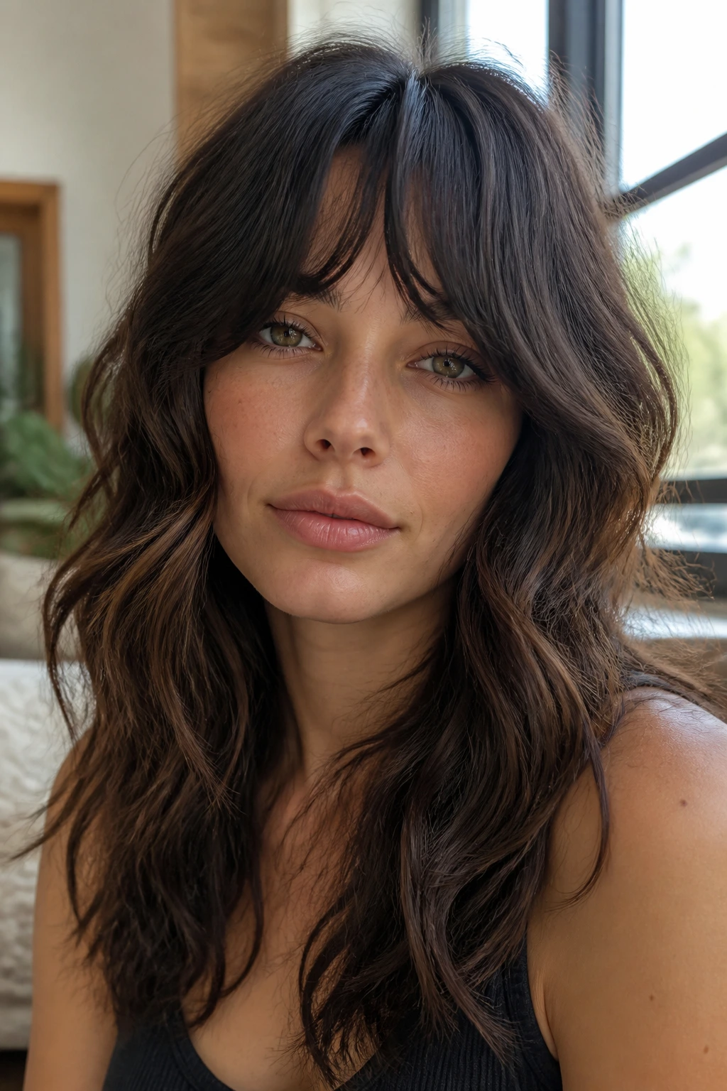 Close-up of a real woman with bottleneck bangs and waves