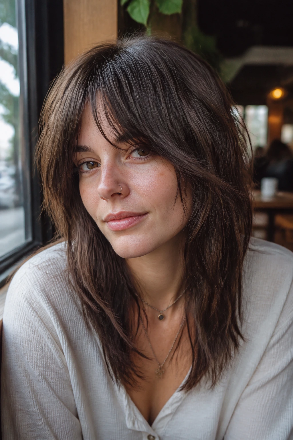 Portrait of a real person with bottleneck bangs blending into face-framing layers.