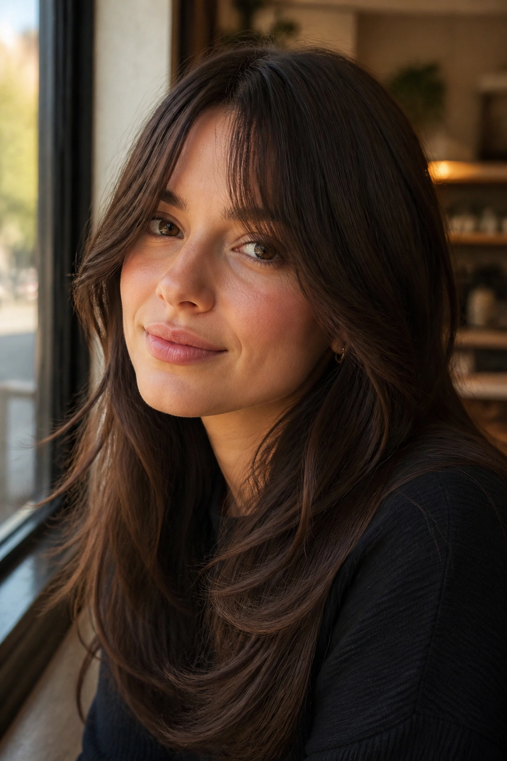 Close-up portrait of a real woman with bottleneck bangs