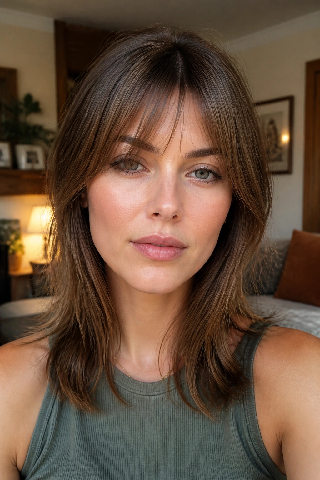 Real woman with bottleneck bangs and airy ends in a stylish living room