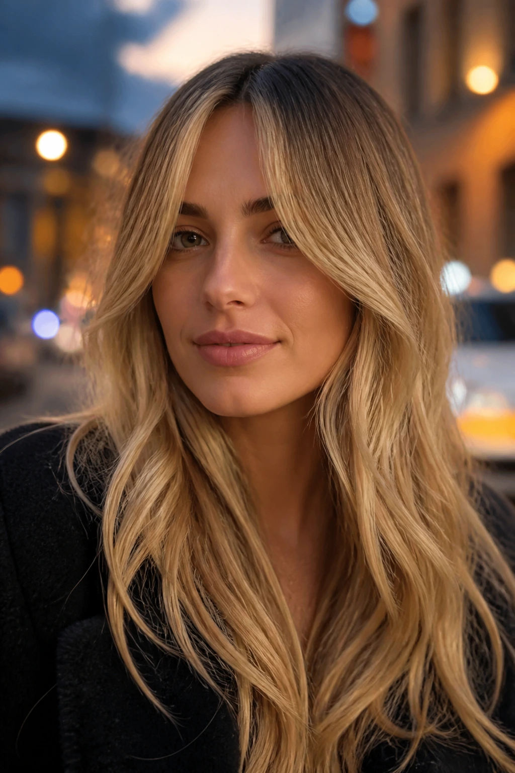 Portrait of a woman with bottleneck bangs blended into length