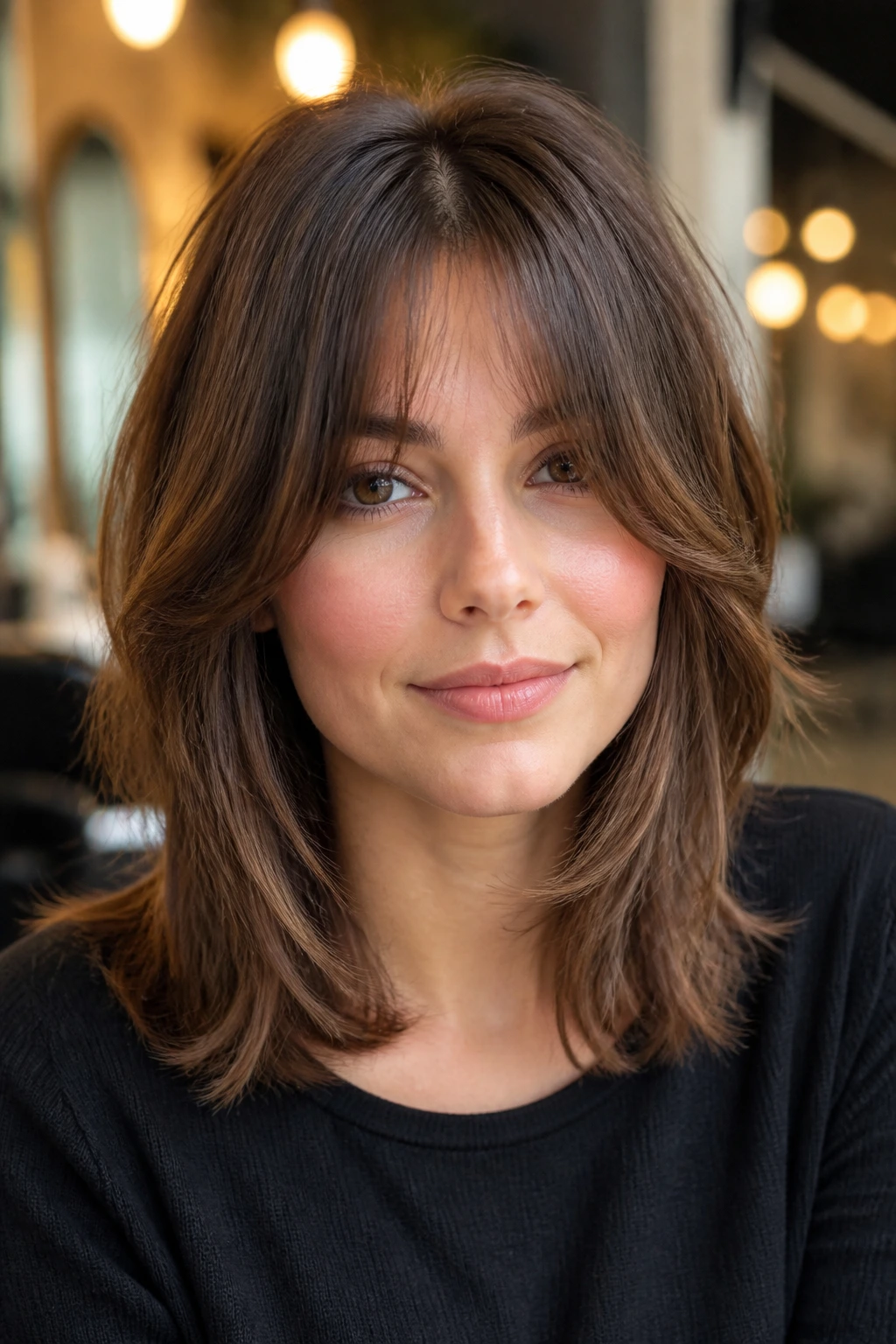 Close-up portrait of bottleneck bangs with blended layers framing the face.