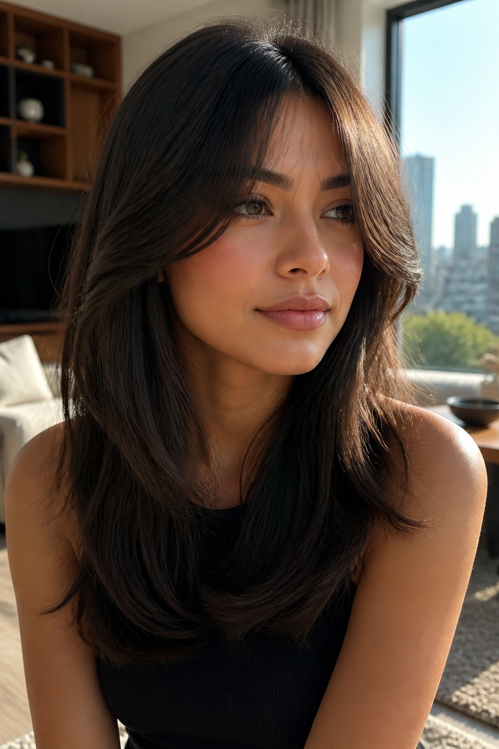 Close-up of a real woman with bottleneck bangs and blended layered sides
