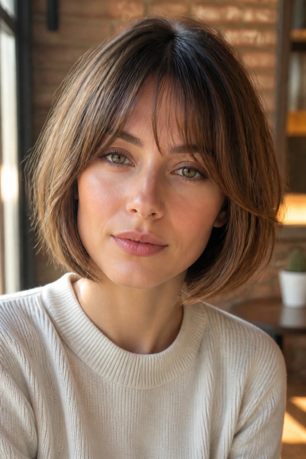 Real woman with bottleneck bangs paired with a short bob