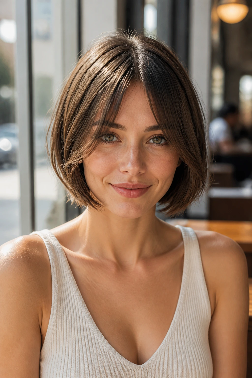 Front portrait of a real woman with bottleneck bangs blending into a bob in a sunny cafe