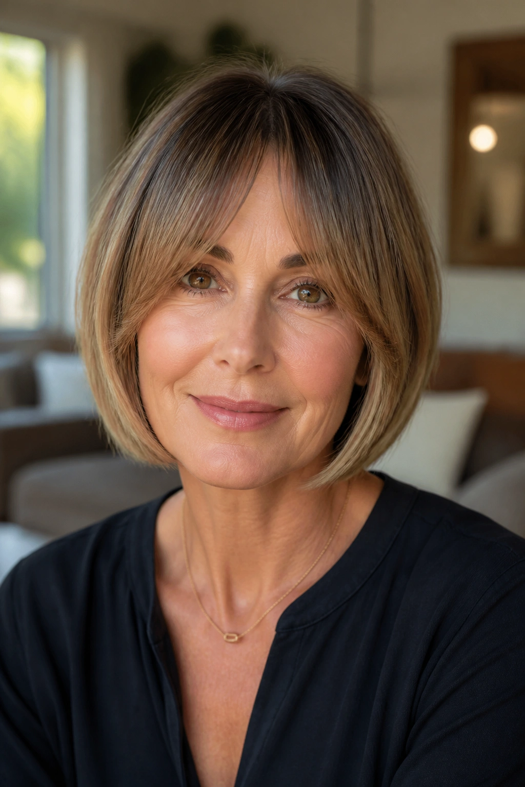 Woman with bottleneck bangs framing her face on a jaw-length bob in a warm living room