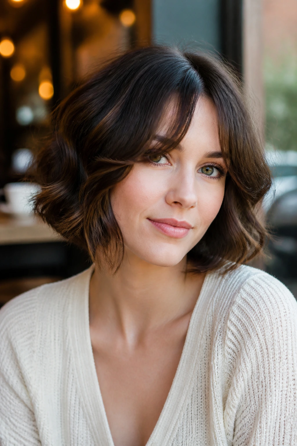 Portrait of a real woman showcasing bottleneck bangs blending into a bob.