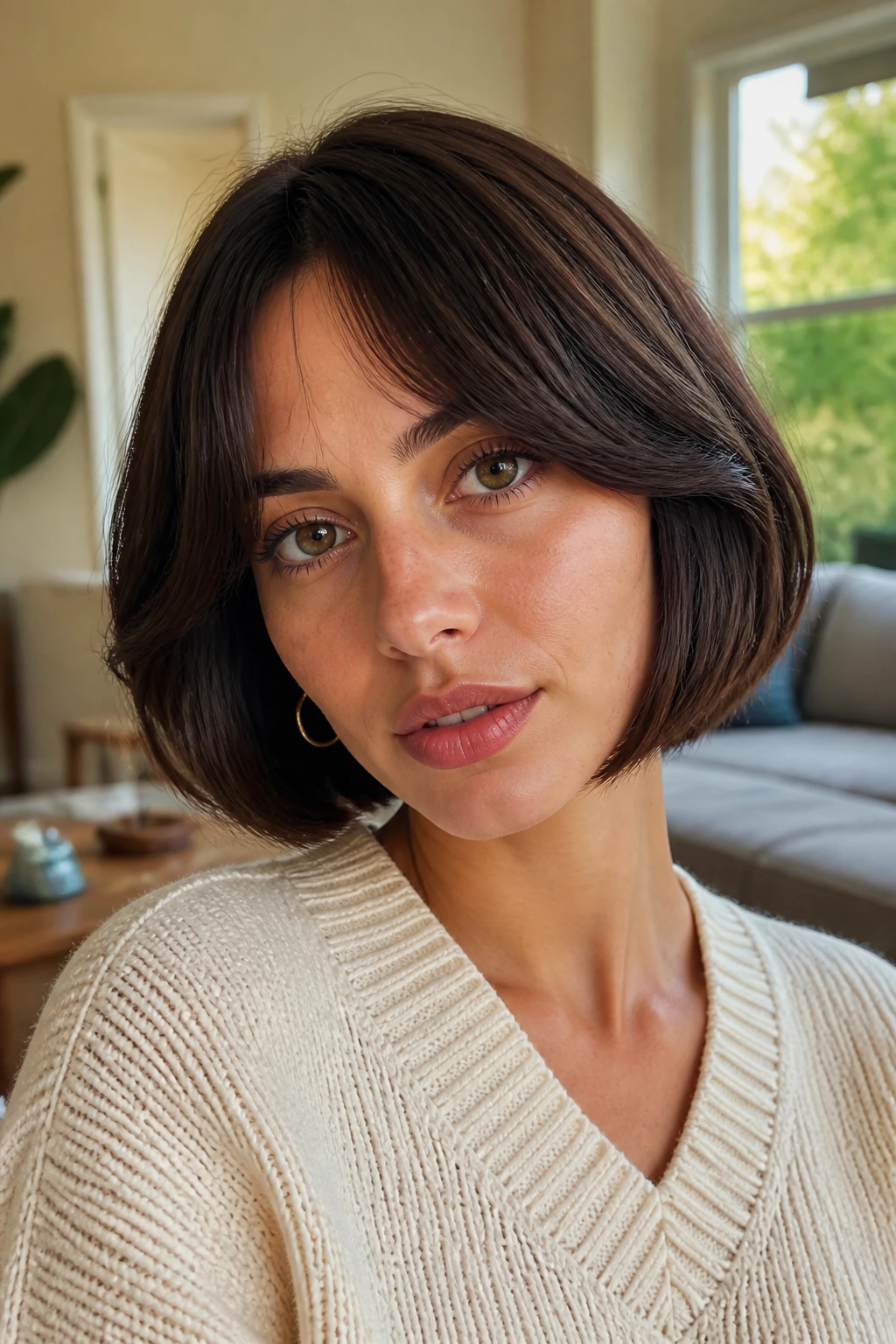 Close-up of a woman with bottleneck bangs shaping a chic bob in warm daylight.