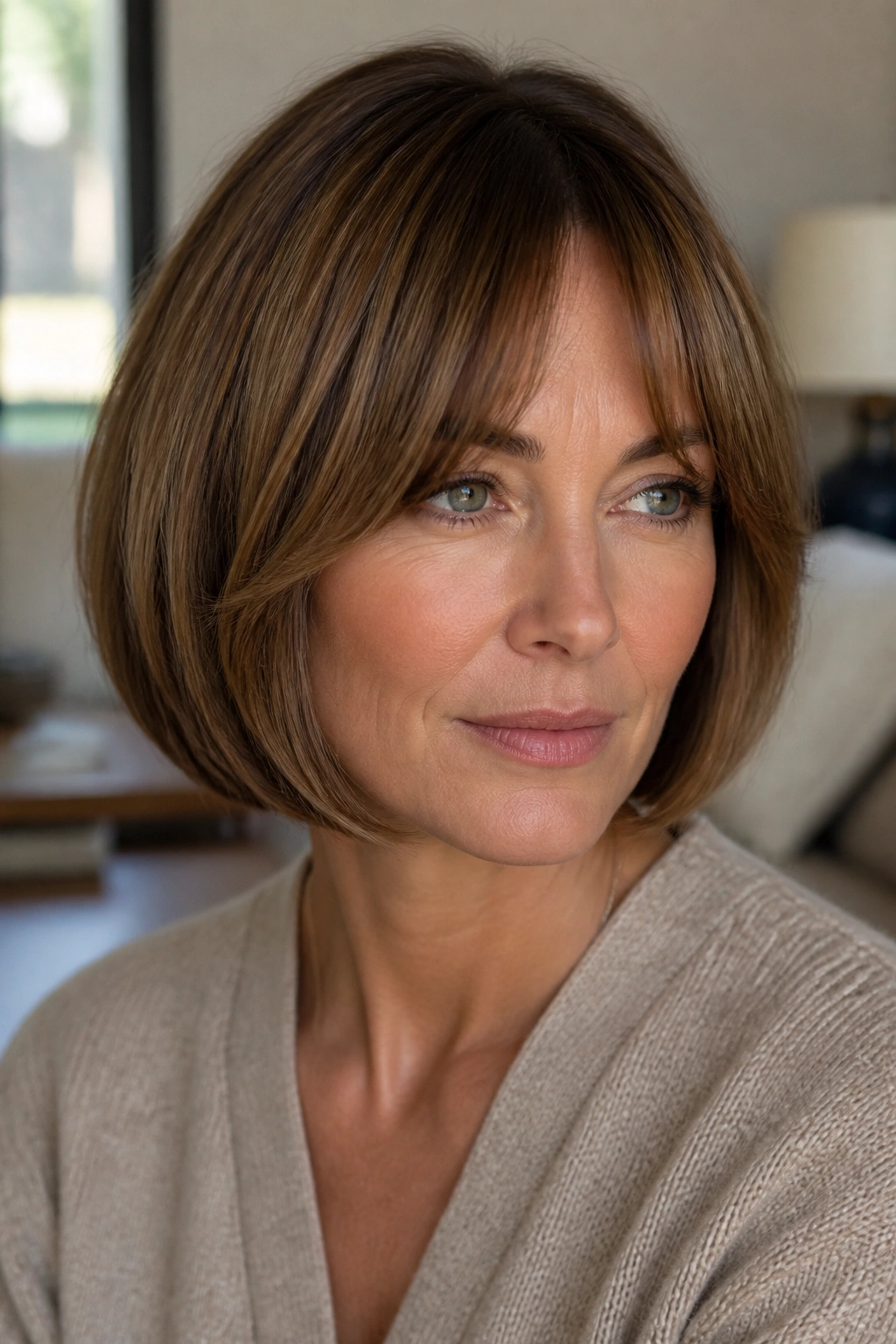 Portrait of a woman with bottleneck bangs framing her eyes.