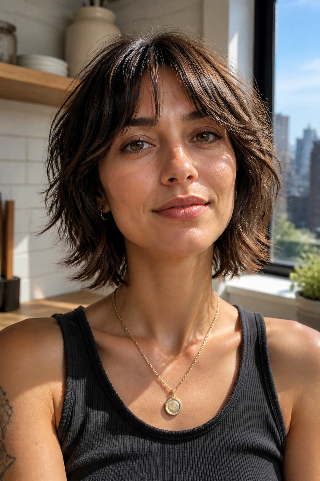 Close-up portrait of a real woman with shaggy bob and bottleneck bangs.
