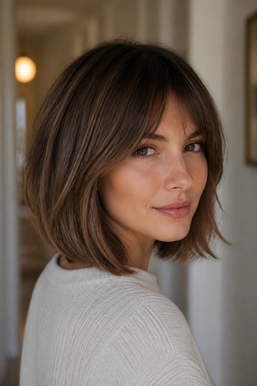 Real woman with bottleneck bangs and soft forehead coverage in a shoulder-length bob.