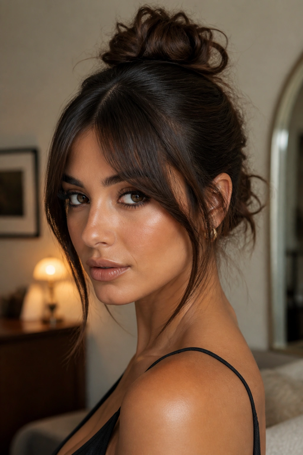 Close-up of a real woman showing a sleek top bun transitioning to a textured messy bun with bottleneck bangs.
