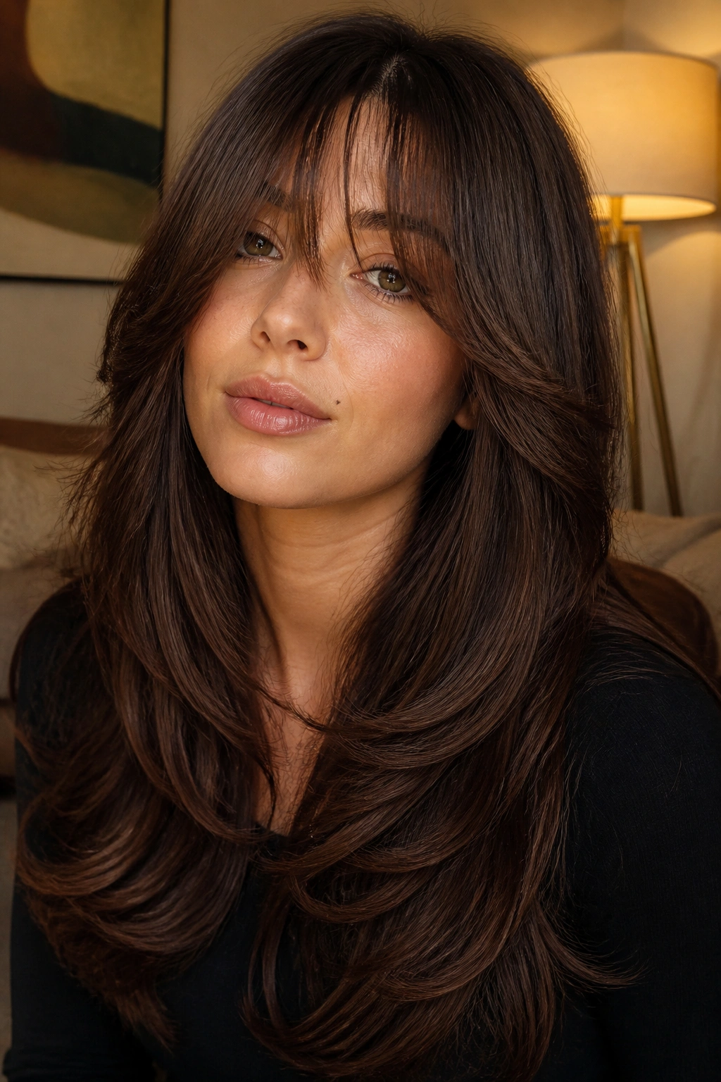 Portrait of a woman with bottleneck bangs and butterfly layers.