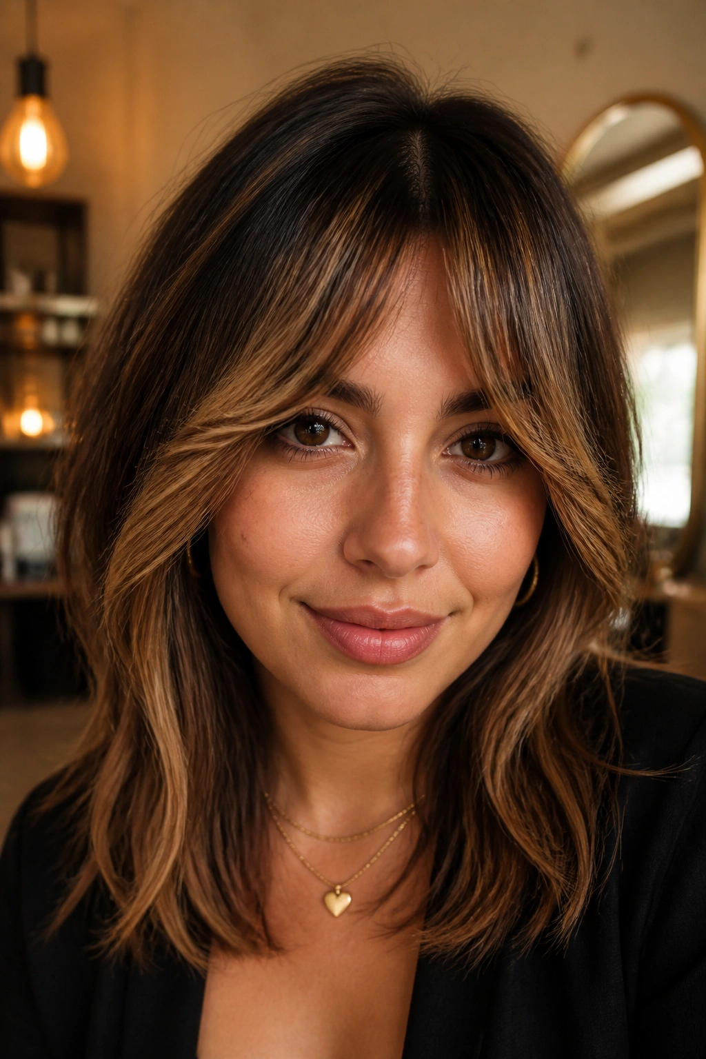 Portrait of person with bottleneck bangs caramel ribbons