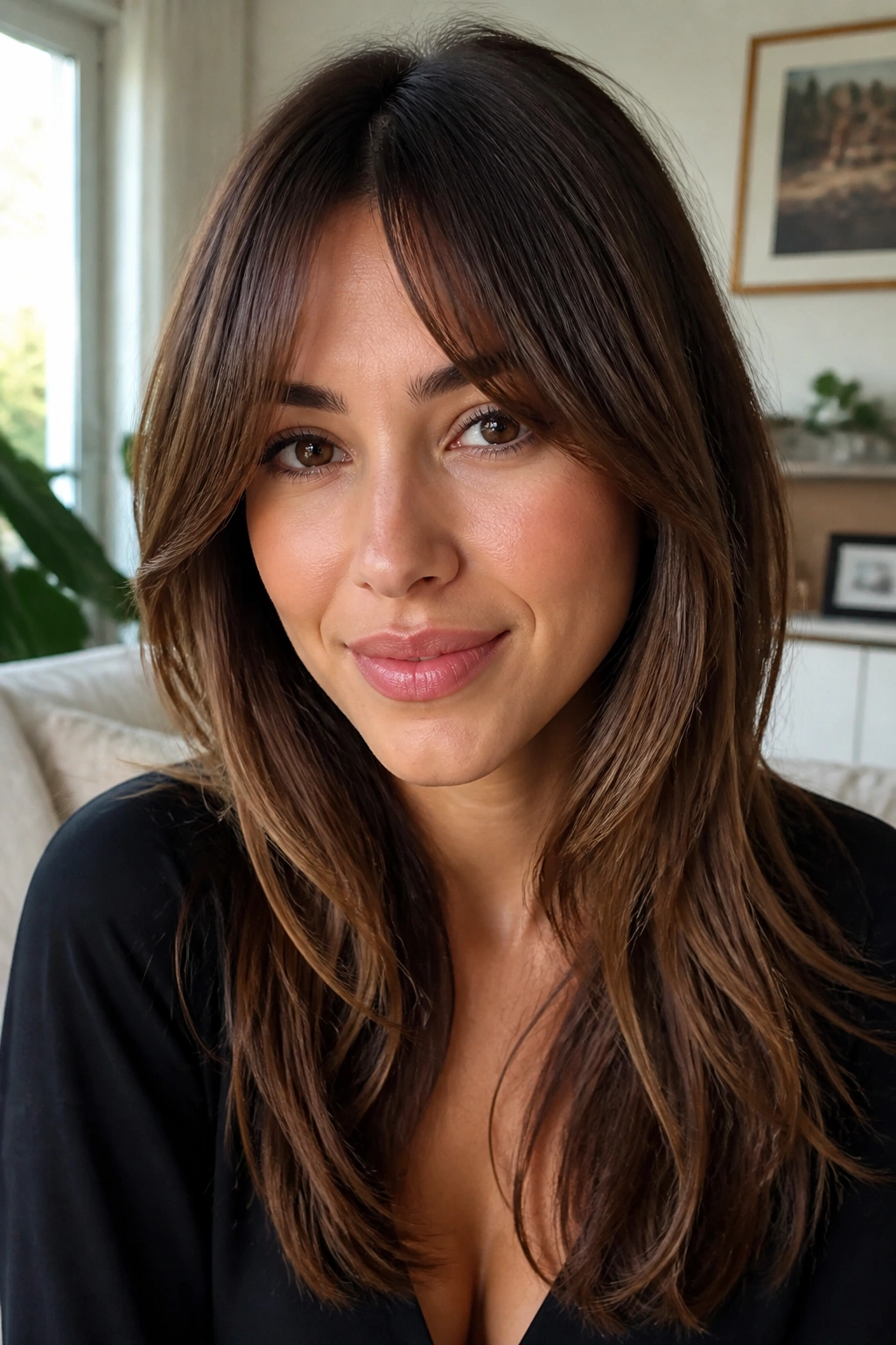 Close-up portrait of bottleneck bangs narrowing at the center on a real woman