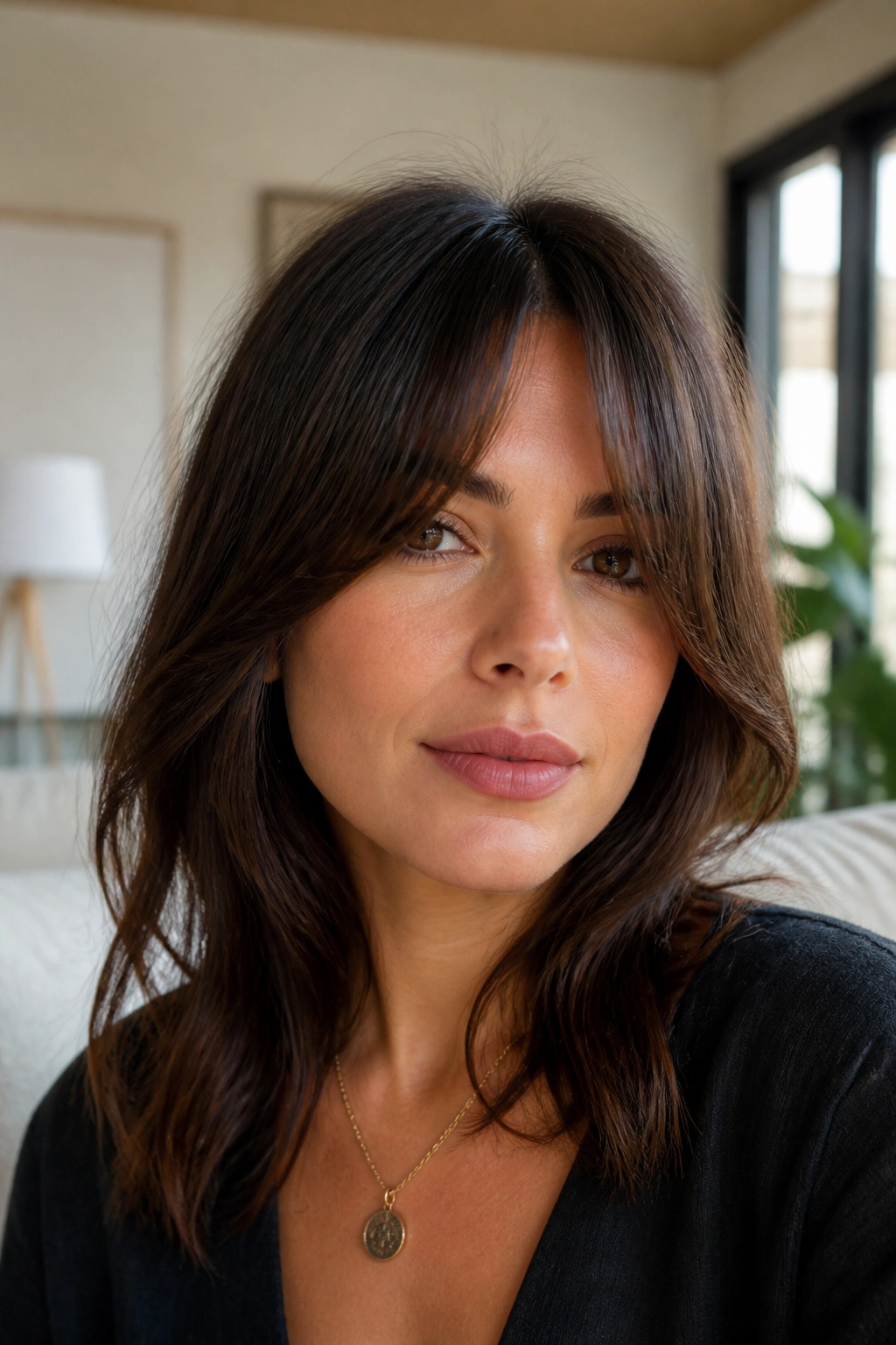 Portrait of woman with bottleneck bangs featuring a narrow center opening