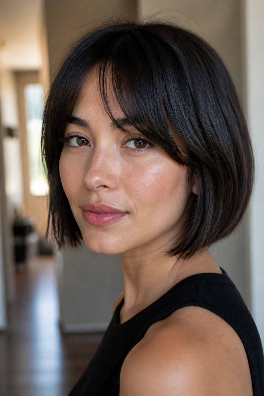 Close-up of person wearing bottleneck bangs on a chin-length bob