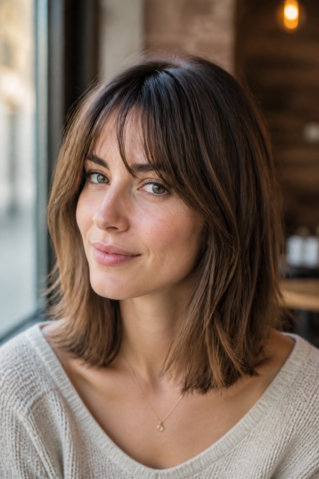 Close-up of a real woman with bottleneck bangs and collarbone-length hair