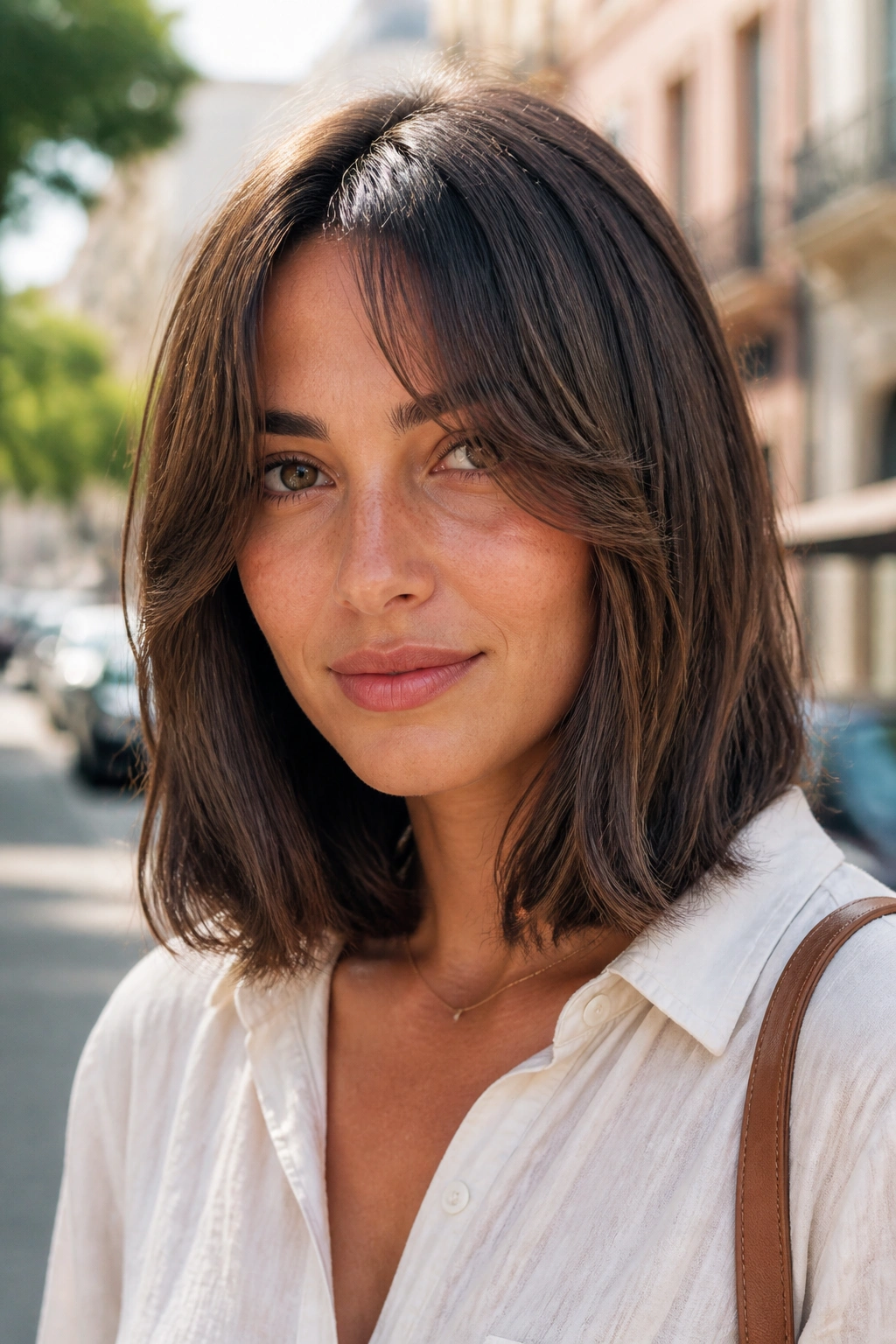 Portrait of a real woman with bottleneck bangs on a collarbone-length lob