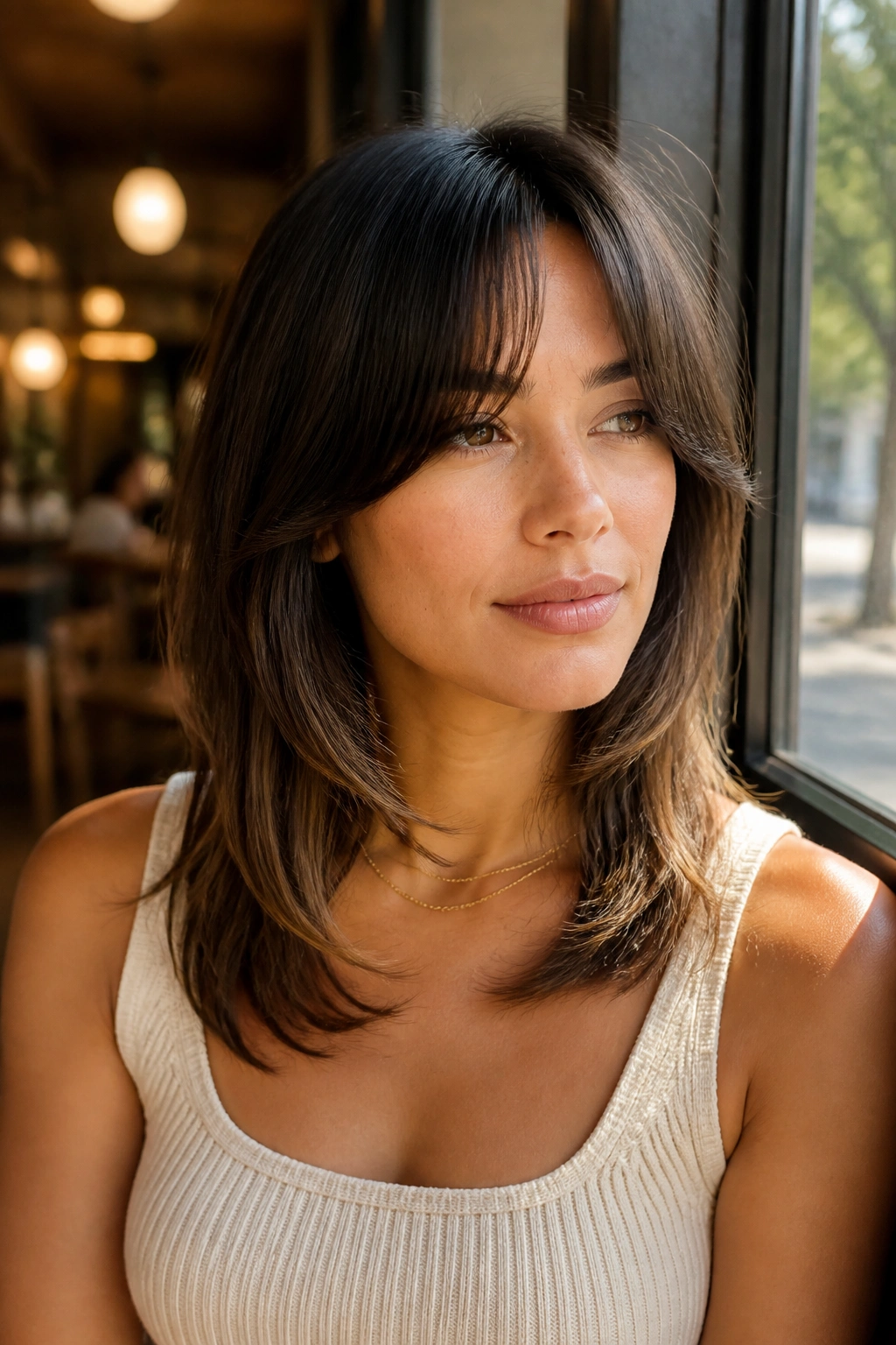 Close-up of a real woman with bottleneck bangs and collarbone-length pieces in natural light