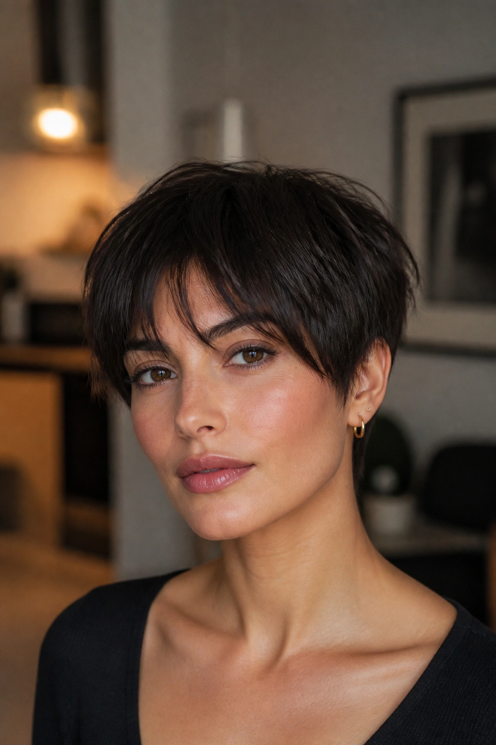 Close-up portrait of a real person with bottleneck bangs on a textured crop