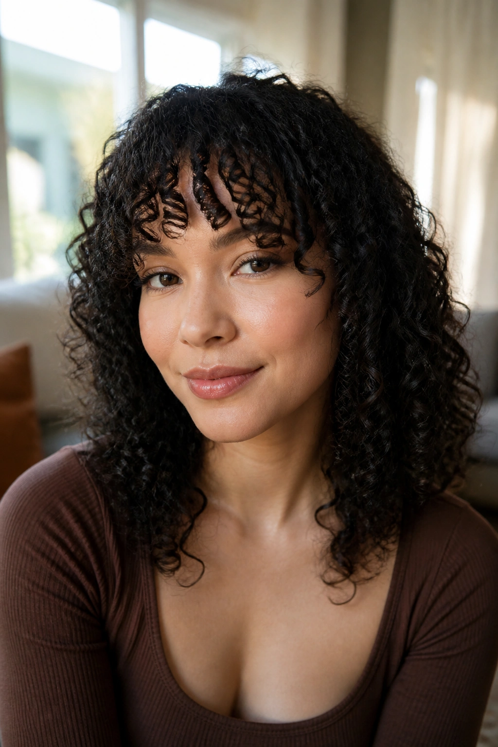 Close-up portrait of a real person with bottleneck bangs narrowing at the center