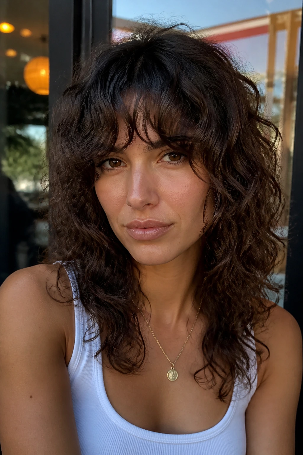 Close-up of a real woman with bottleneck bangs curly shag