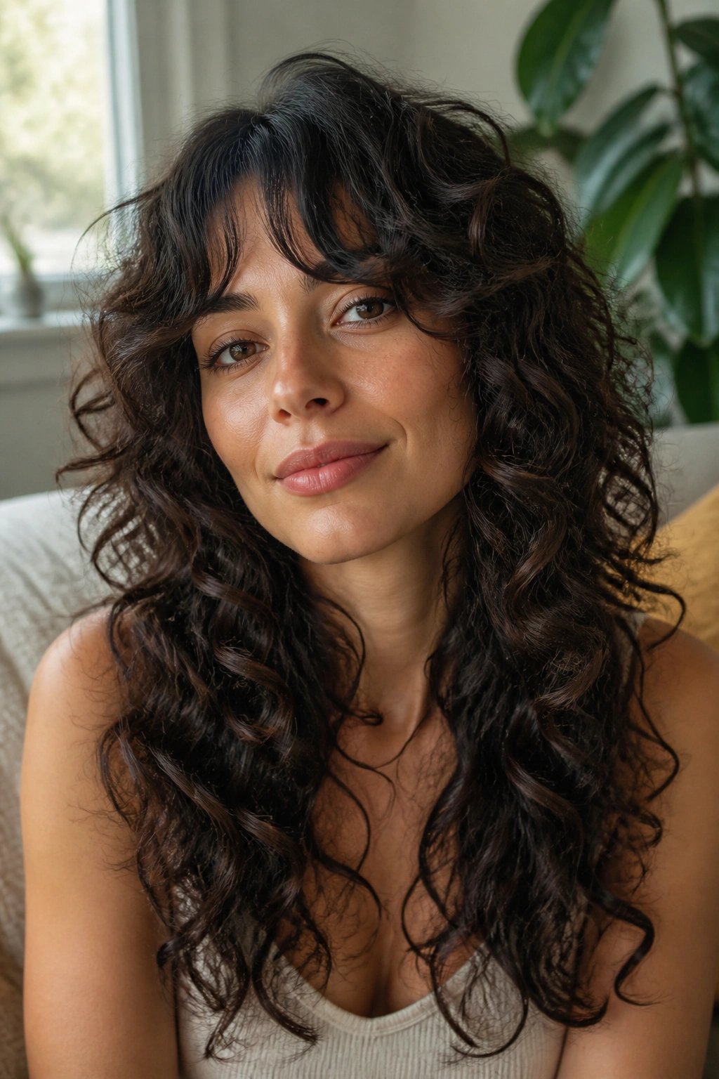 Close-up portrait of a woman with bottleneck bangs and long curly layers framing her face