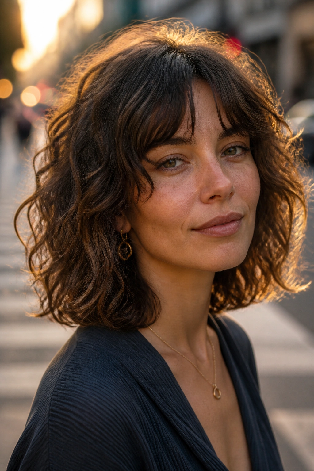 Close-up of real woman with bottleneck bangs and curly lob