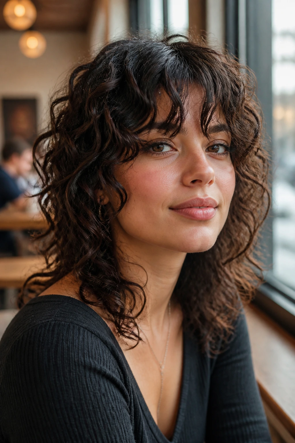 Close-up of a real person with bottleneck bangs in curly shag