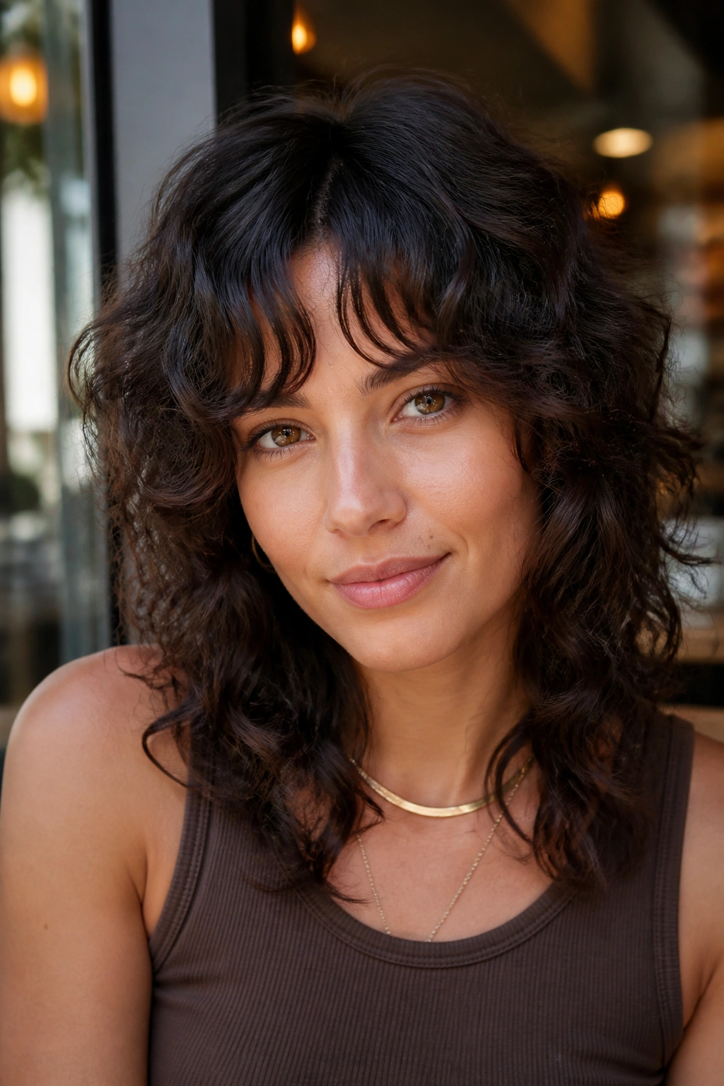 Portrait of a woman with bottleneck bangs on a curly shag