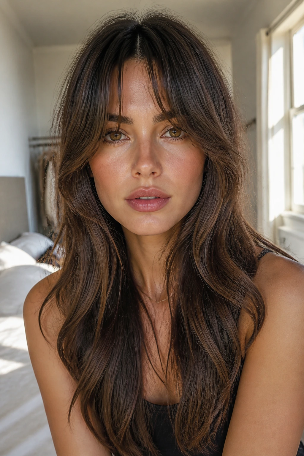 Close-up of bottleneck bangs and long face frame on a real person