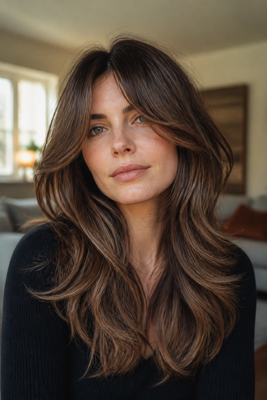 Close-up portrait of a real woman with bottleneck bangs and soft face-framing layers in warm natural light.