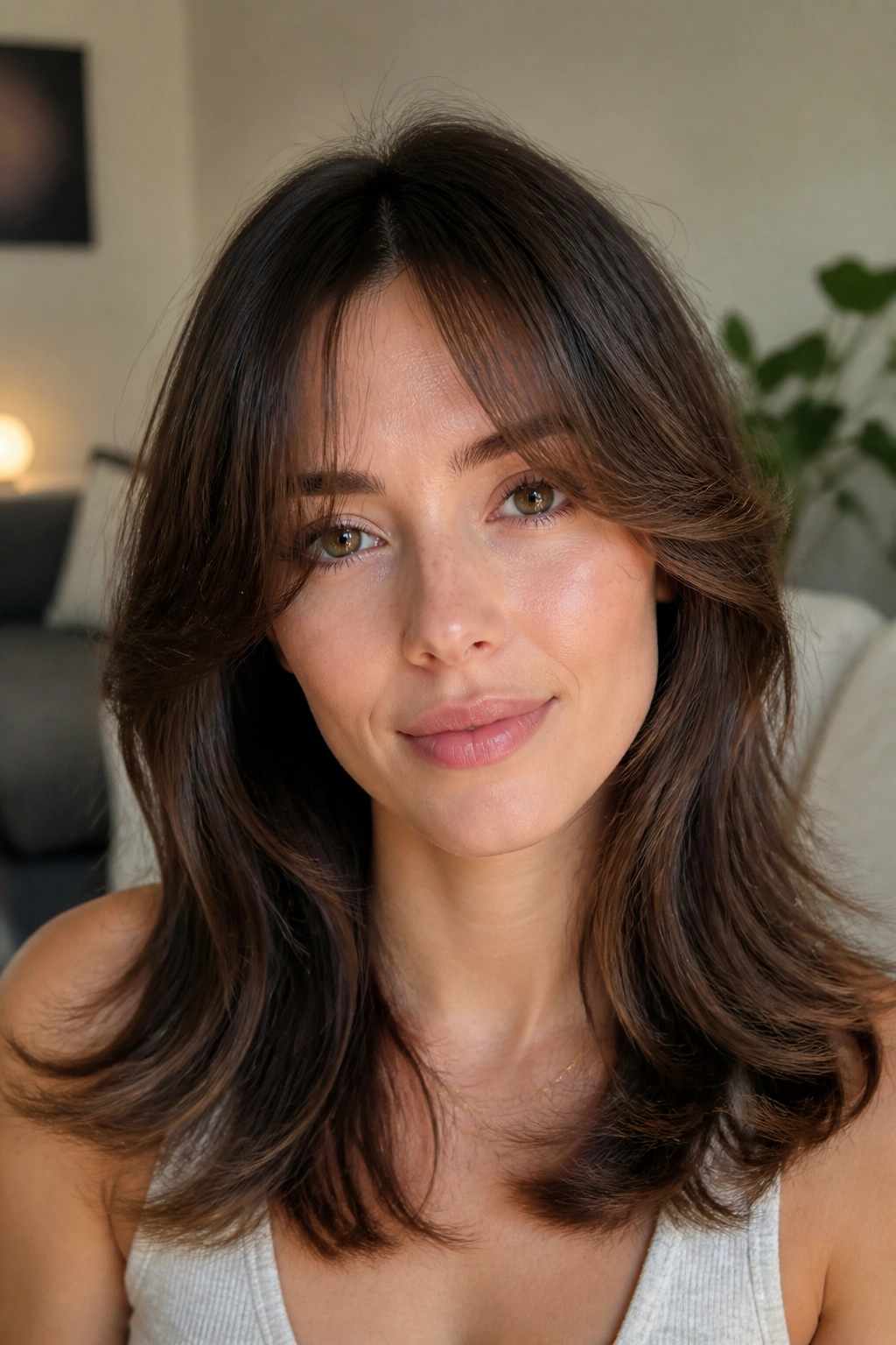 Close-up of a person with bottleneck feathered bangs framing the face