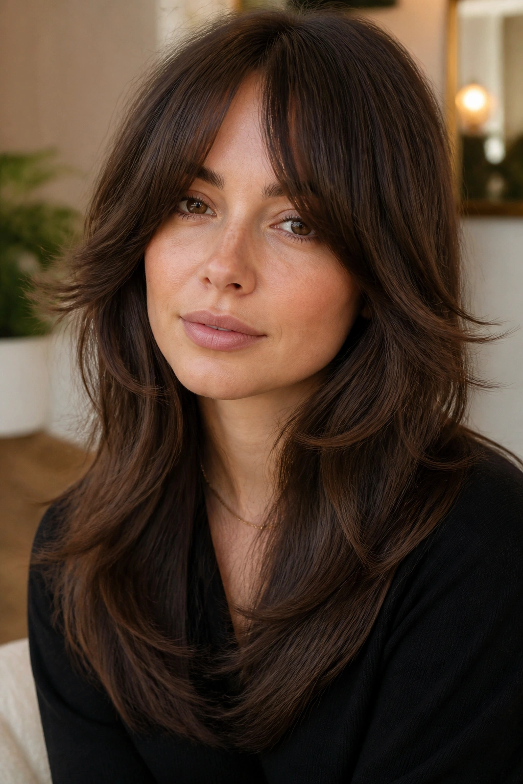 Portrait of a person with bottleneck bangs and feathered ends on a long shag