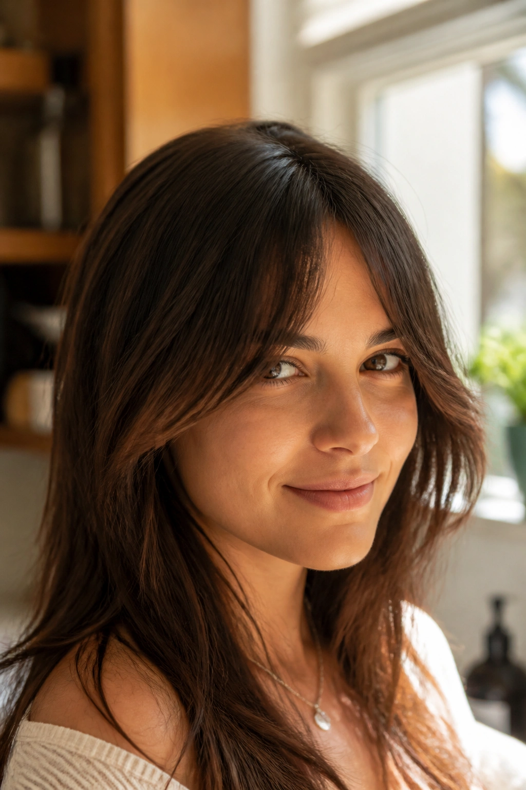 Portrait of a real person with bottleneck feathered bangs and a narrow center