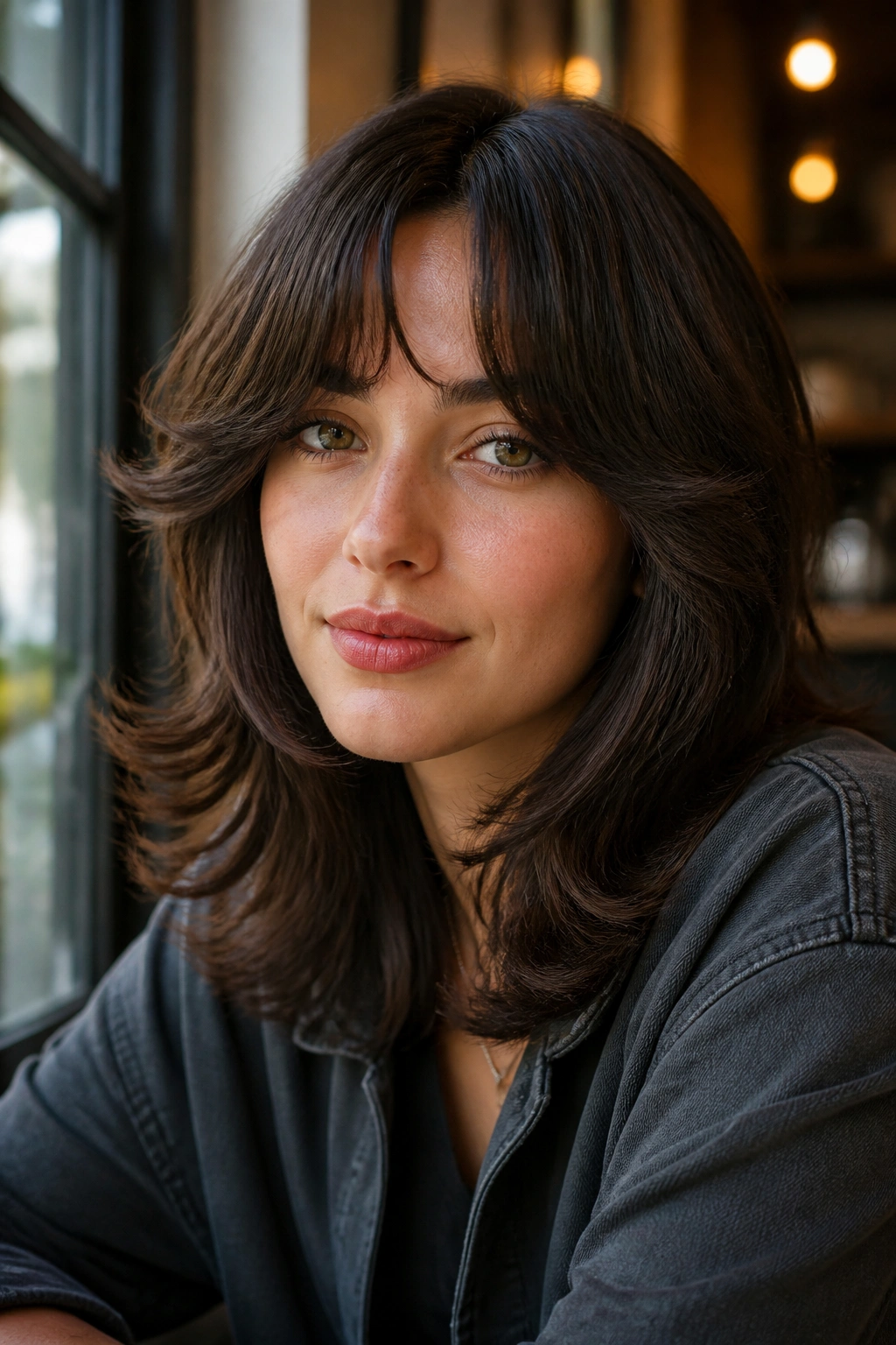 Real person with bottleneck bangs and flipped ends in cafe window light